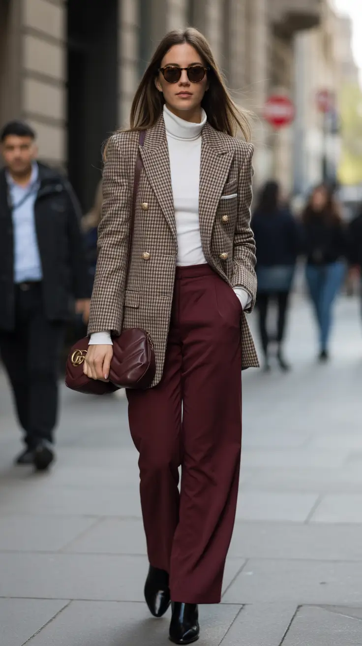 fall 2025 business casual fashion inspiration Structured Layers: Burgundy and Heritage Checks