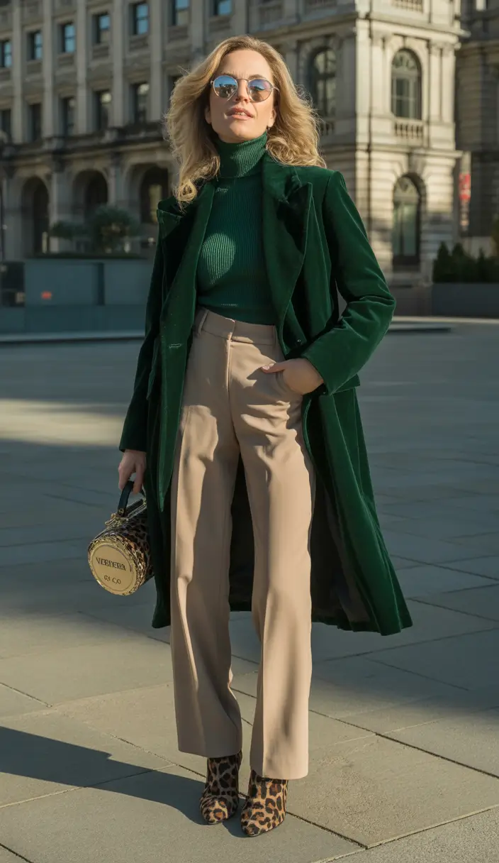 fall 2025 business casual fashion inspiration Emerald Drama with a Wild Twist
