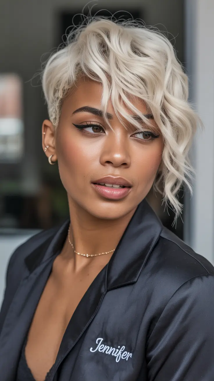 Fall hair color for black women Layered Platinum Waves with Tousled Texture