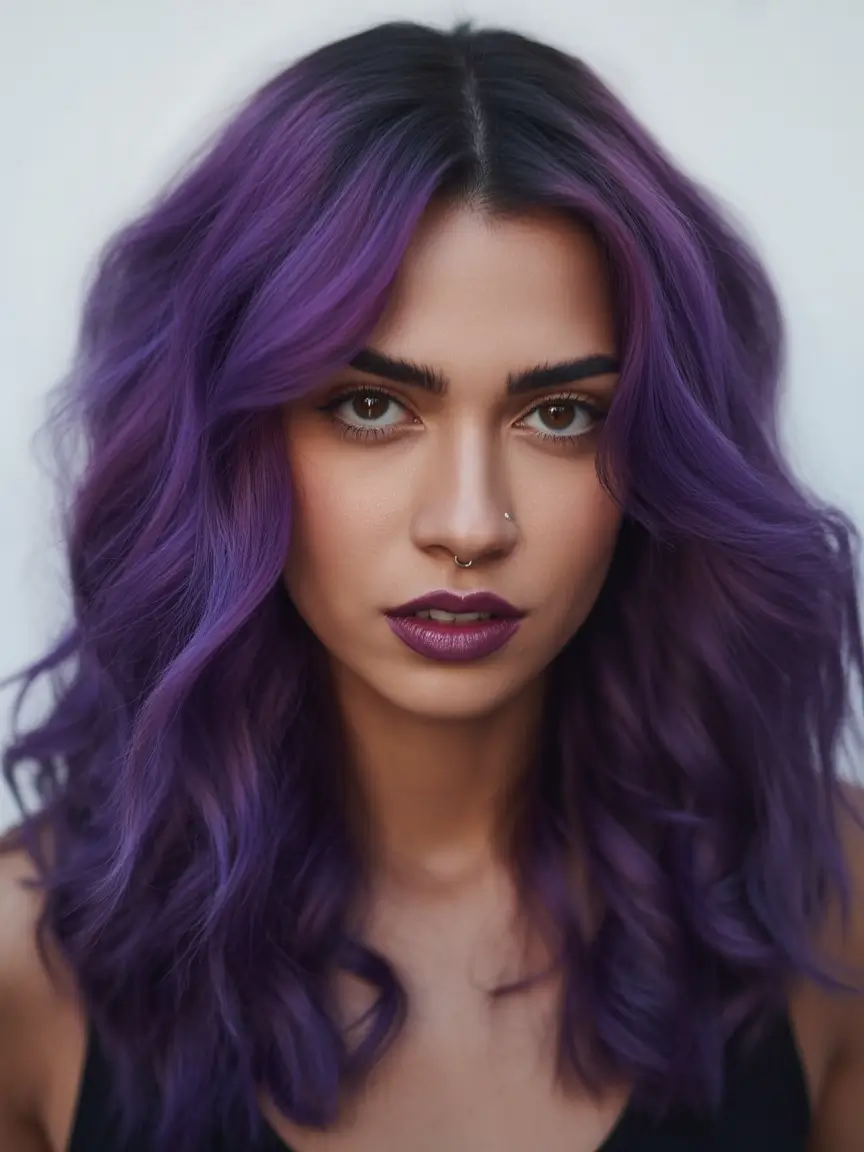 Fall hair color for black women Plum Berry Layers with a Soft Shadow Root
