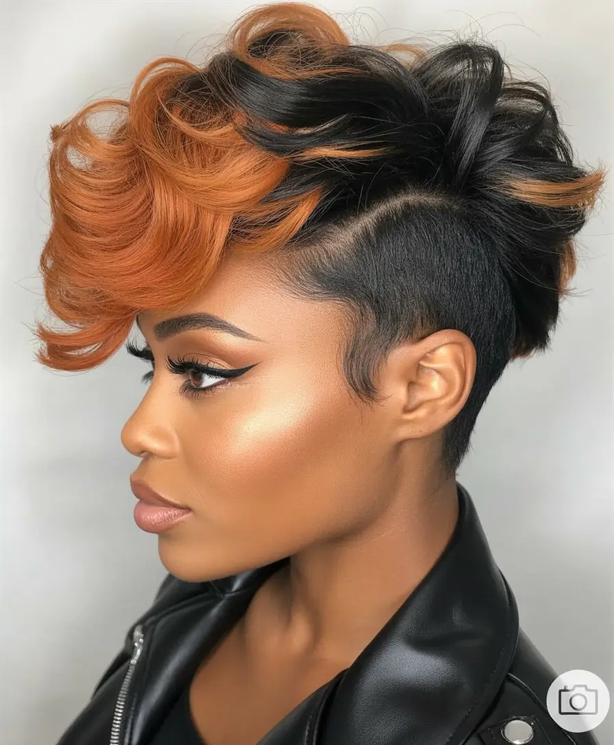 Fall hair color for black women Two-Tone Pumpkin and Black Tapered Wave