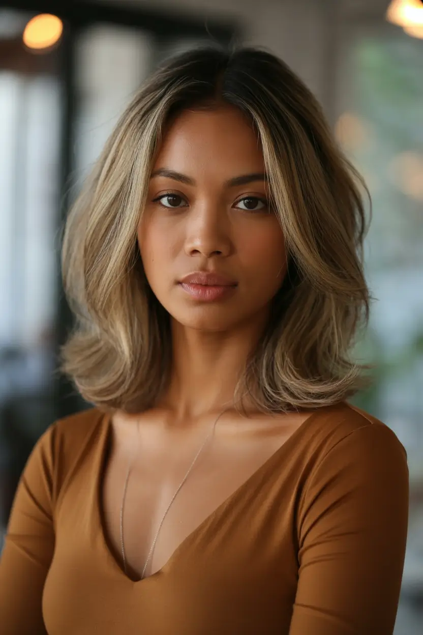 Fall hair color for black women Bronde Feathered Lob with Face-Framing Light
