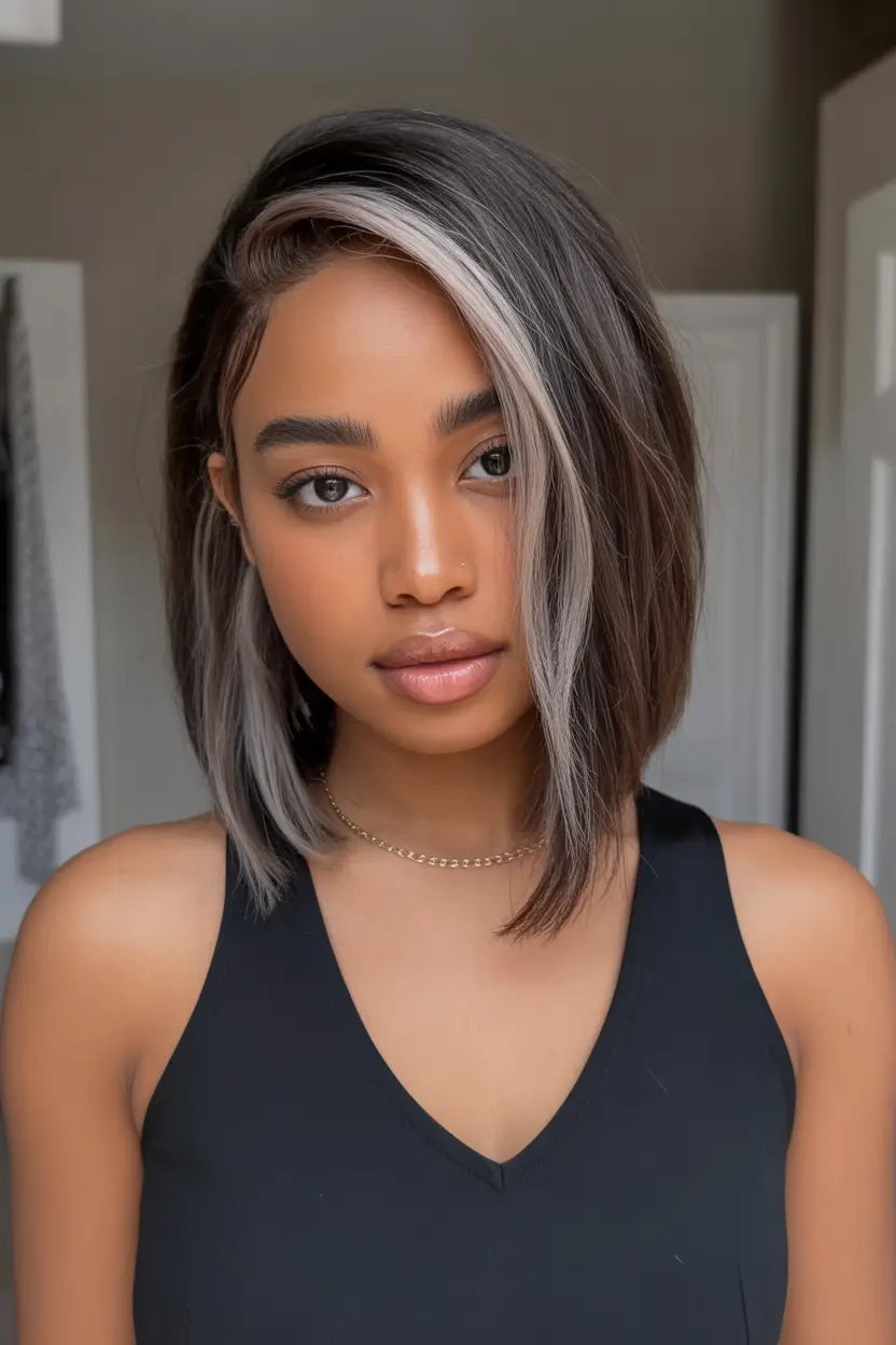 Fall hair color for black women Slate Brunette Bob with Frosted Money Piece