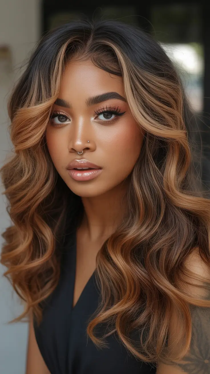 Fall hair color for black women Chestnut Curls with Caramel Swirls