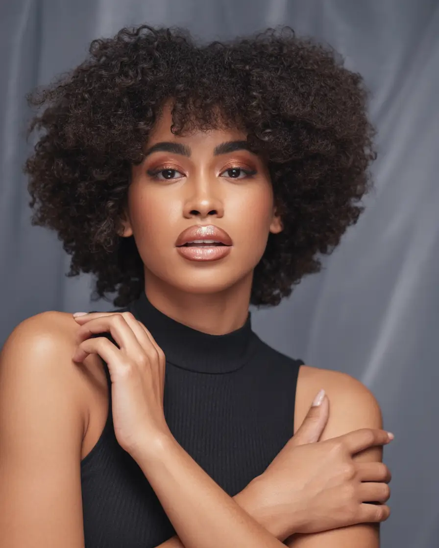 Fall hair color for black women Chocolate Layered Afro with Burnt Honey Lights