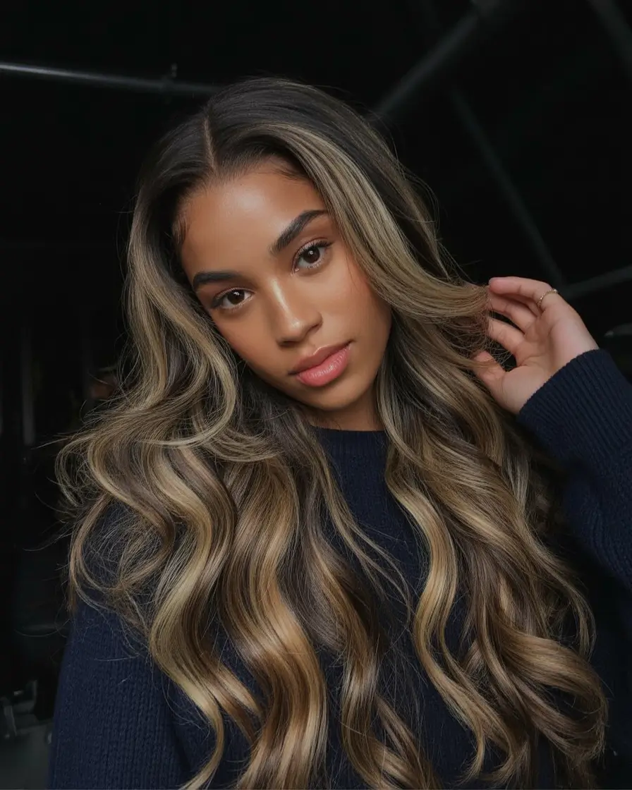 Fall hair color for black women Brunette Balayage with a Cool-Toned Money Piece