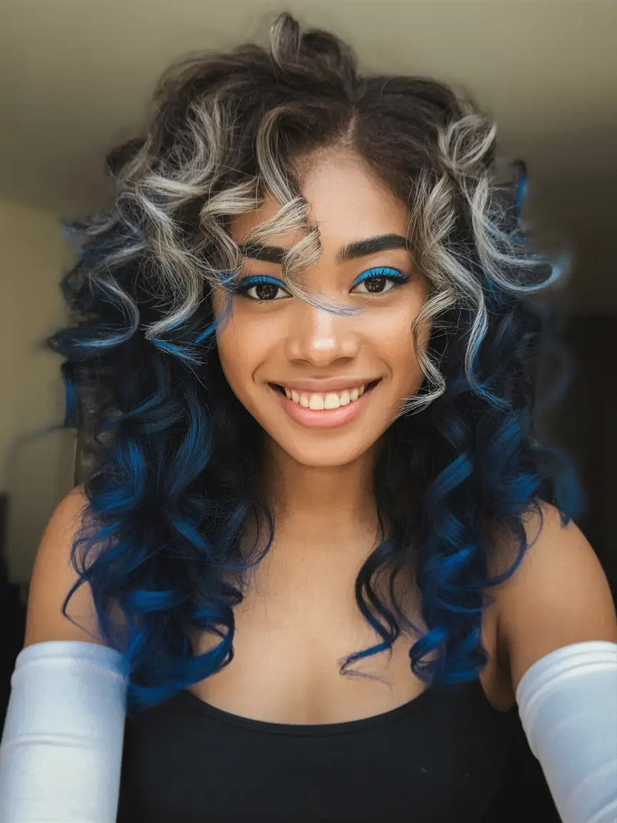 Fall hair color for black women Electric Indigo Curls with Ash Grey Twists