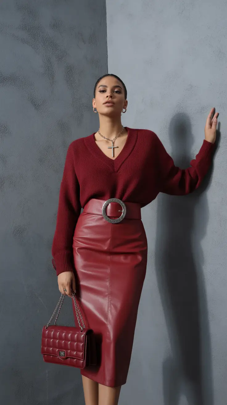 Fall 2025 outfits inspiration for women over 30 Monochrome Mood: Burgundy Elegance