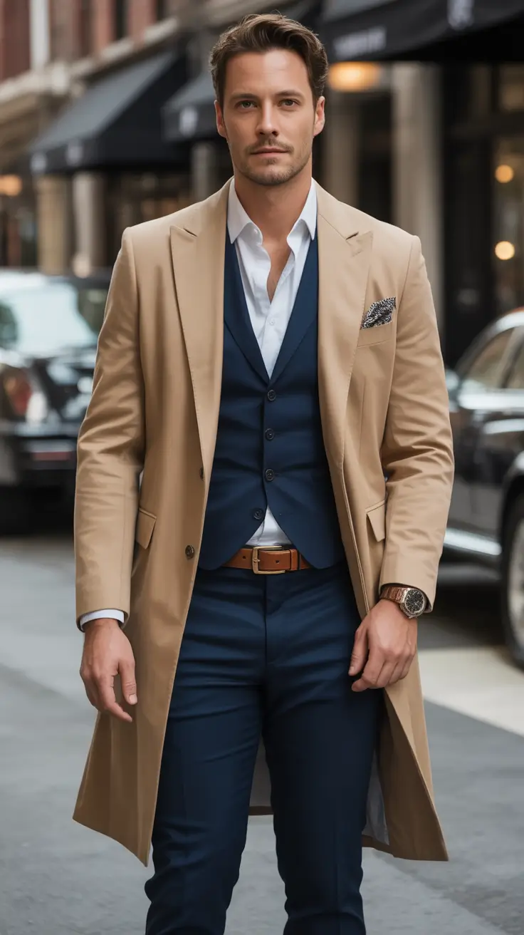 fall business casual styles for men 2025+Tailored Camel & Navy: The Power Combo
