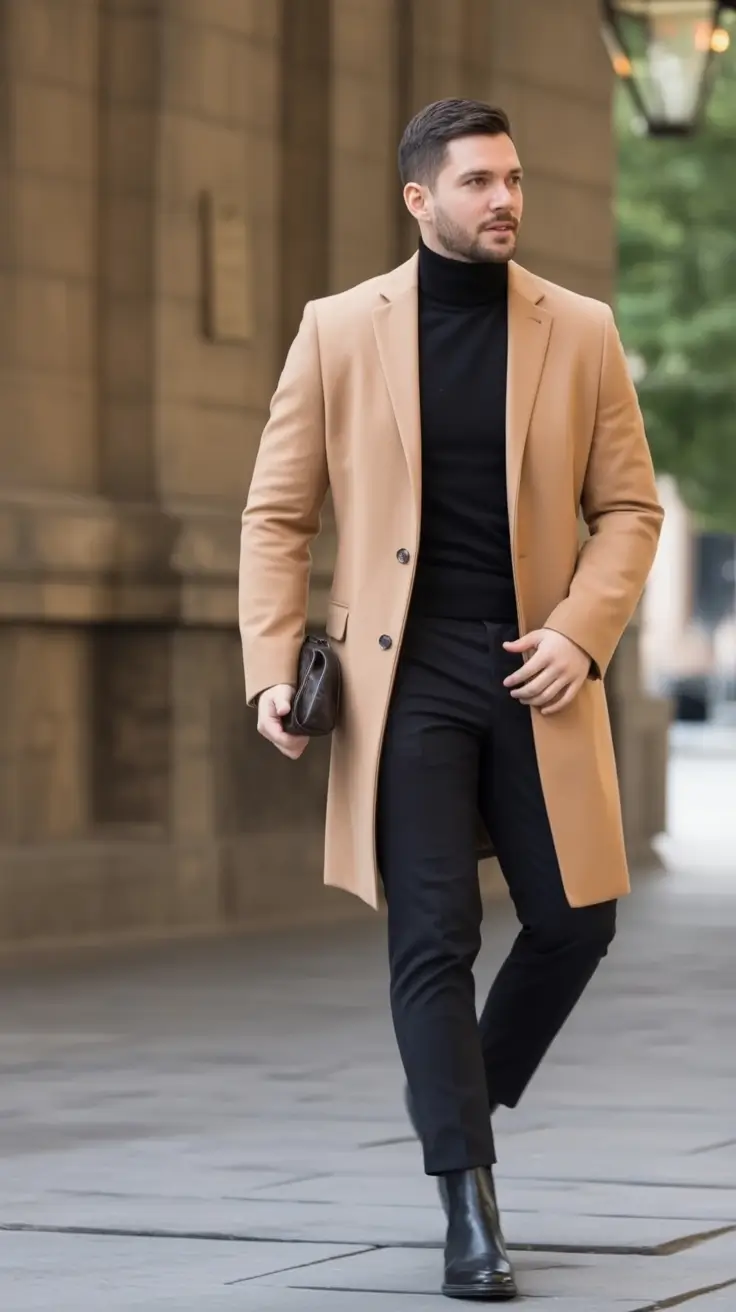 fall fashion guide - outfits for men 2025 Camel and Noir: Timeless Chic