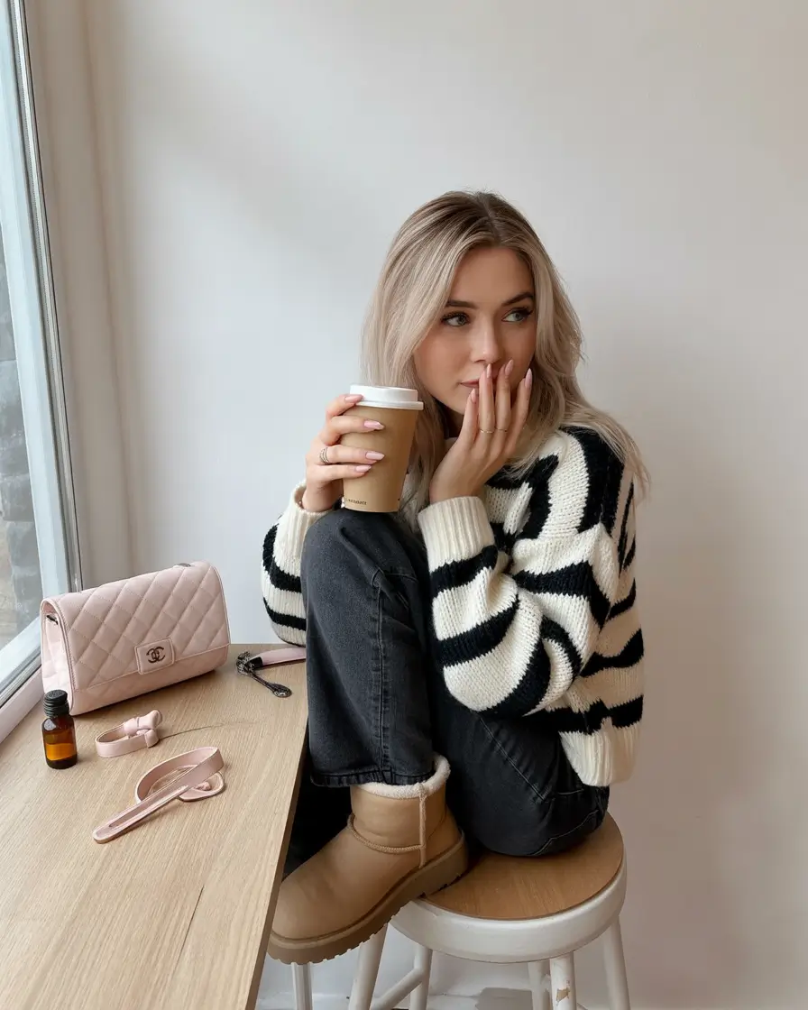 fall outfits ideas 2025 Coffee Shop Cozy: Stripes and Soft Uggs