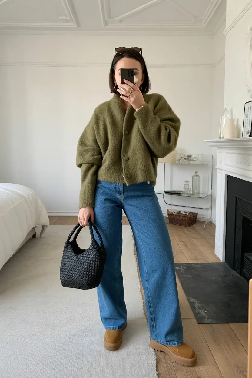 fall outfits ideas 2025 Textured Greens and Clean Denim