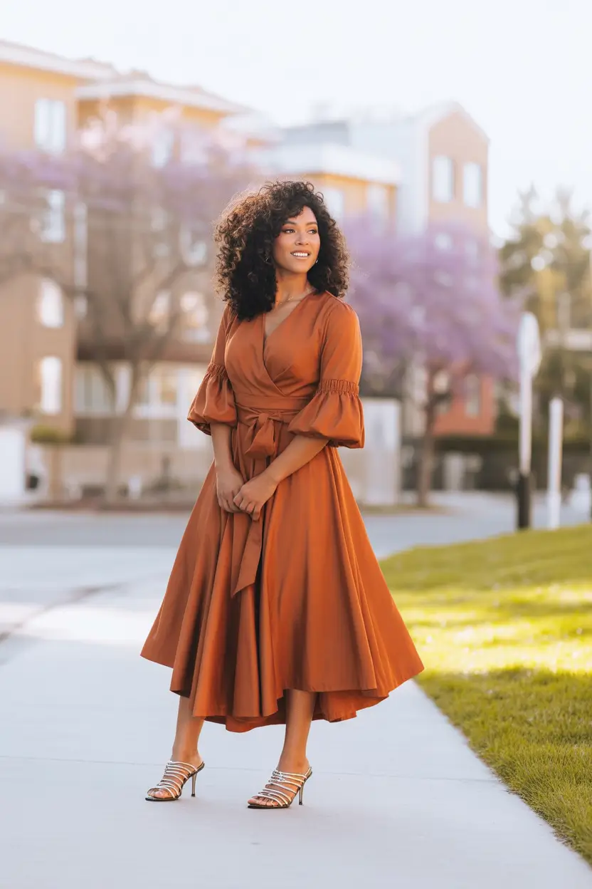 fall wedding guest dress ideas 2025 Rust Wrap Elegance for Golden Afternoons
