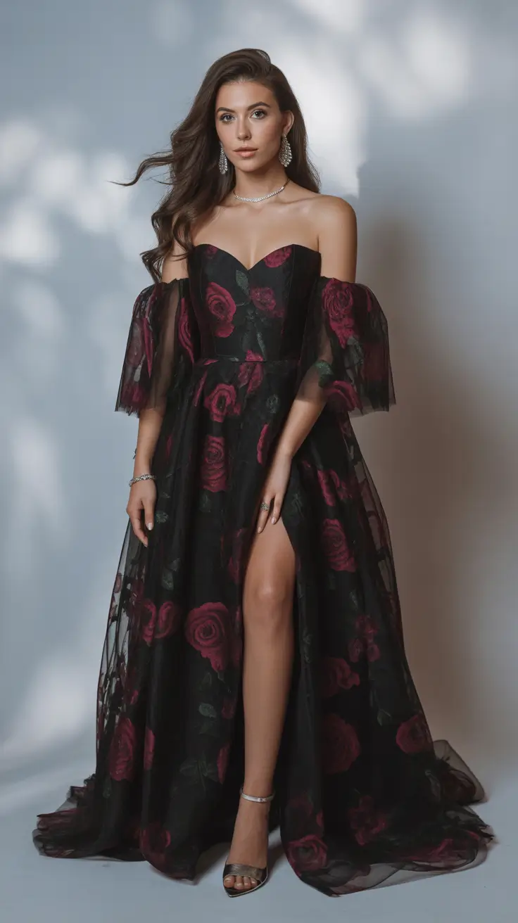 fall wedding guest dress ideas 2025 Gothic Garden Glamour in Sheer Layers