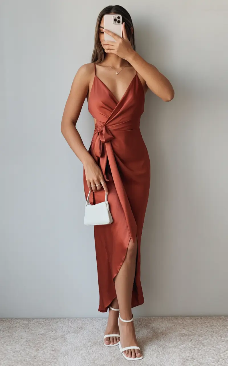 fall wedding guest dress ideas 2025 Rust Slip Perfection for Chic Minimalists