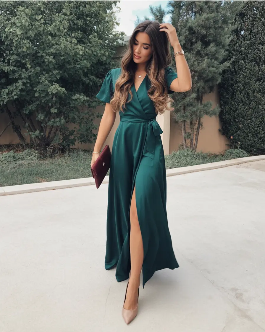 fall wedding guest dress ideas 2025 Emerald Satin Wrap for Timeless Chic