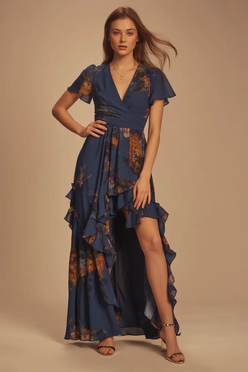 fall wedding guest dress ideas 2025 Ruffled High-Low for an Autumn Breeze