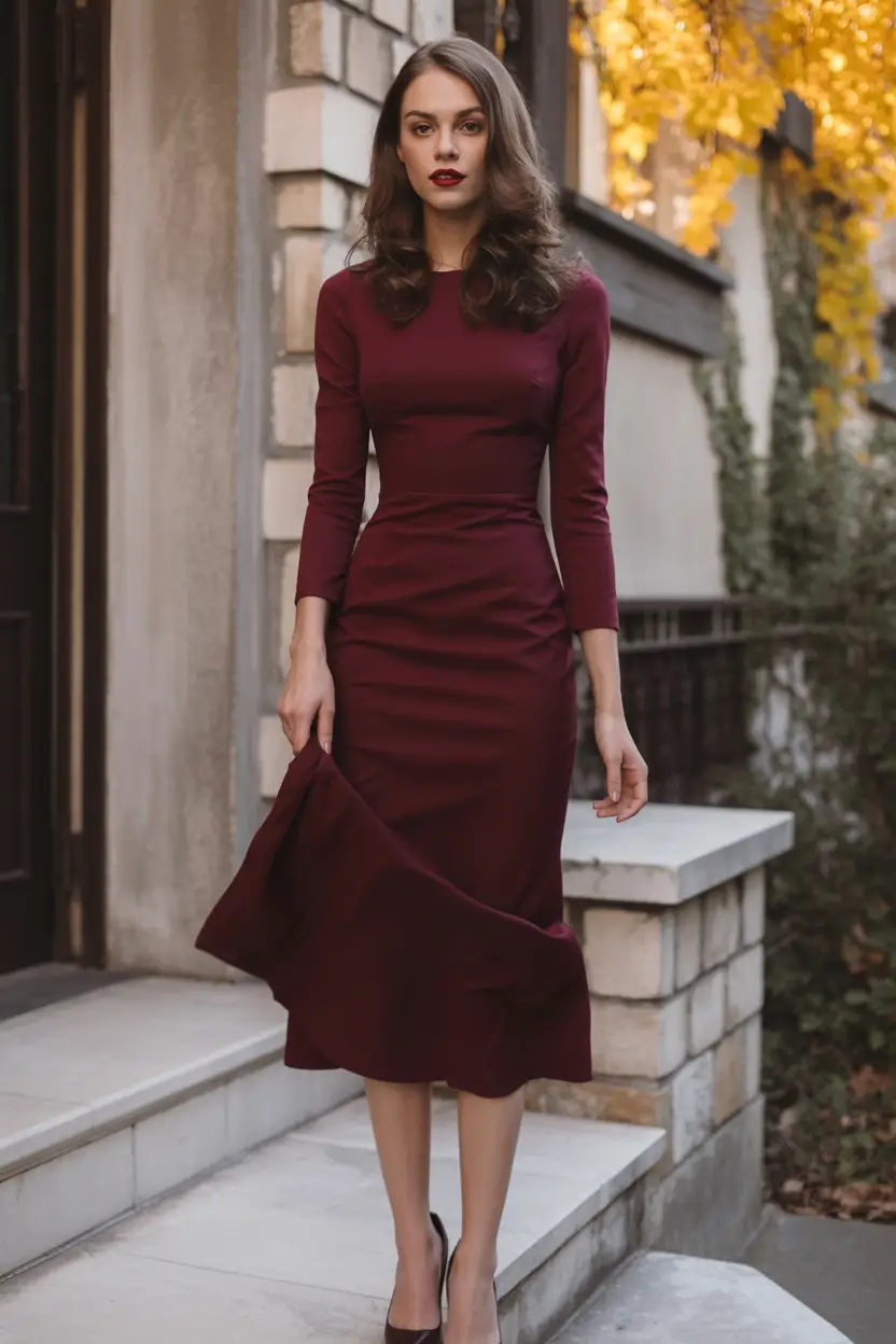 fall wedding guest dress ideas 2025 Maroon Midi for Moody Elegance