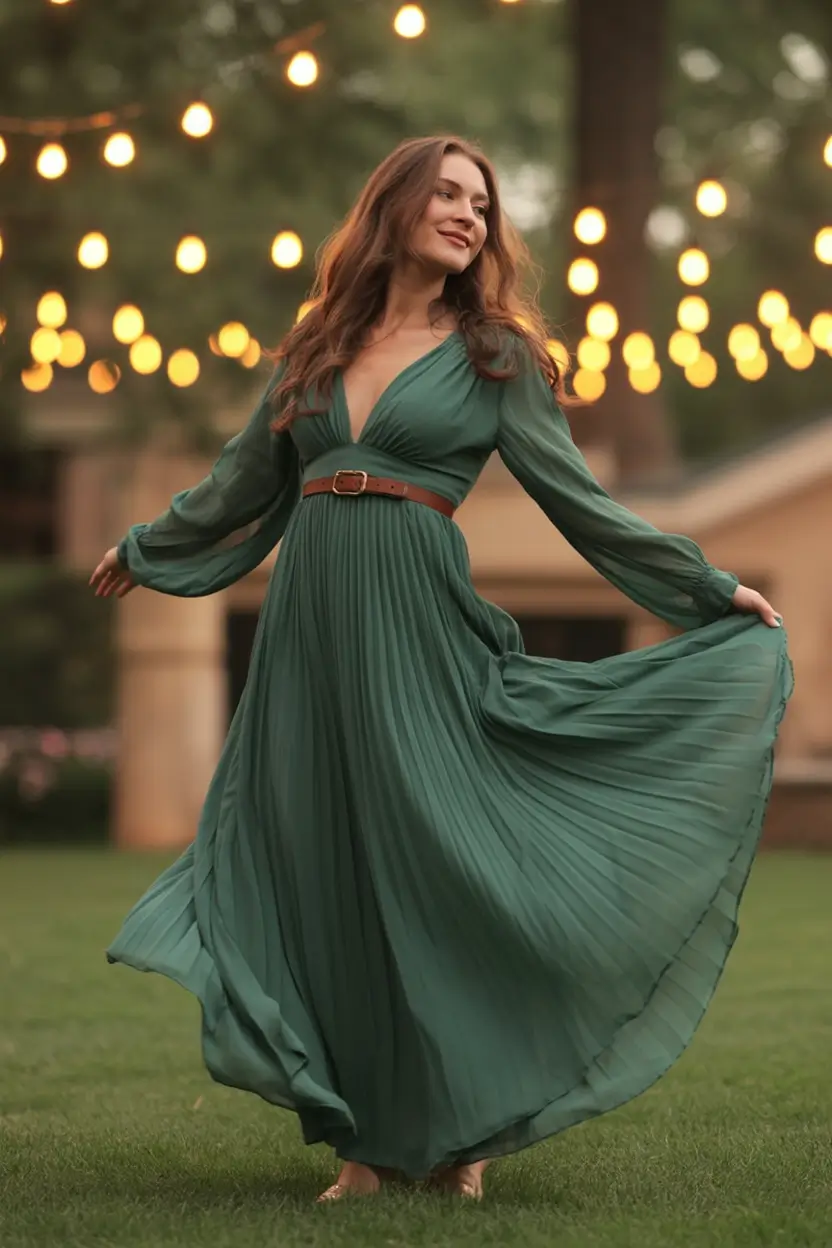 fall wedding guest dress ideas 2025 Evergreen Goddess in Pleats