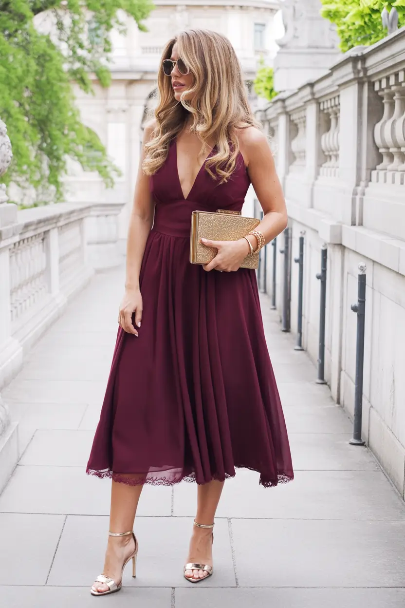 fall wedding guest dress ideas 2025 Wine and Gold for Classic Evenings