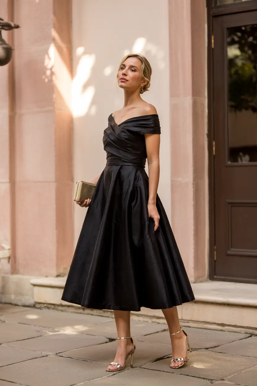 fall wedding guest dress ideas 2025 Off-Shoulder Noir for Understated Glam