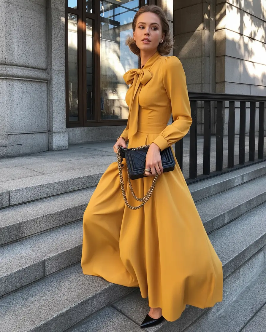 fall wedding guest dress ideas 2025 Goldenrod Glamour With Parisian Flair