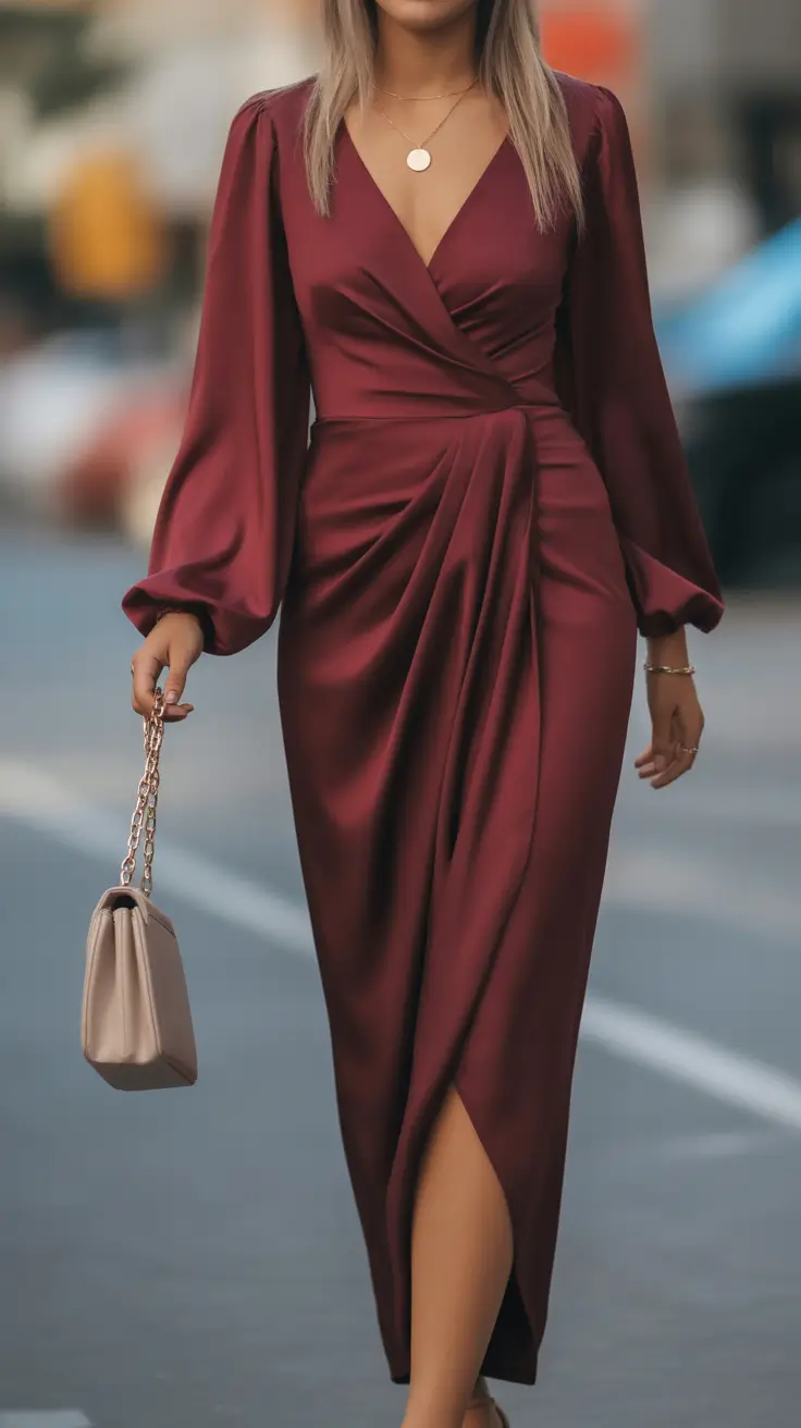fall wedding guest dress ideas 2025 Deep Cherry Satin for After-Hours Romance