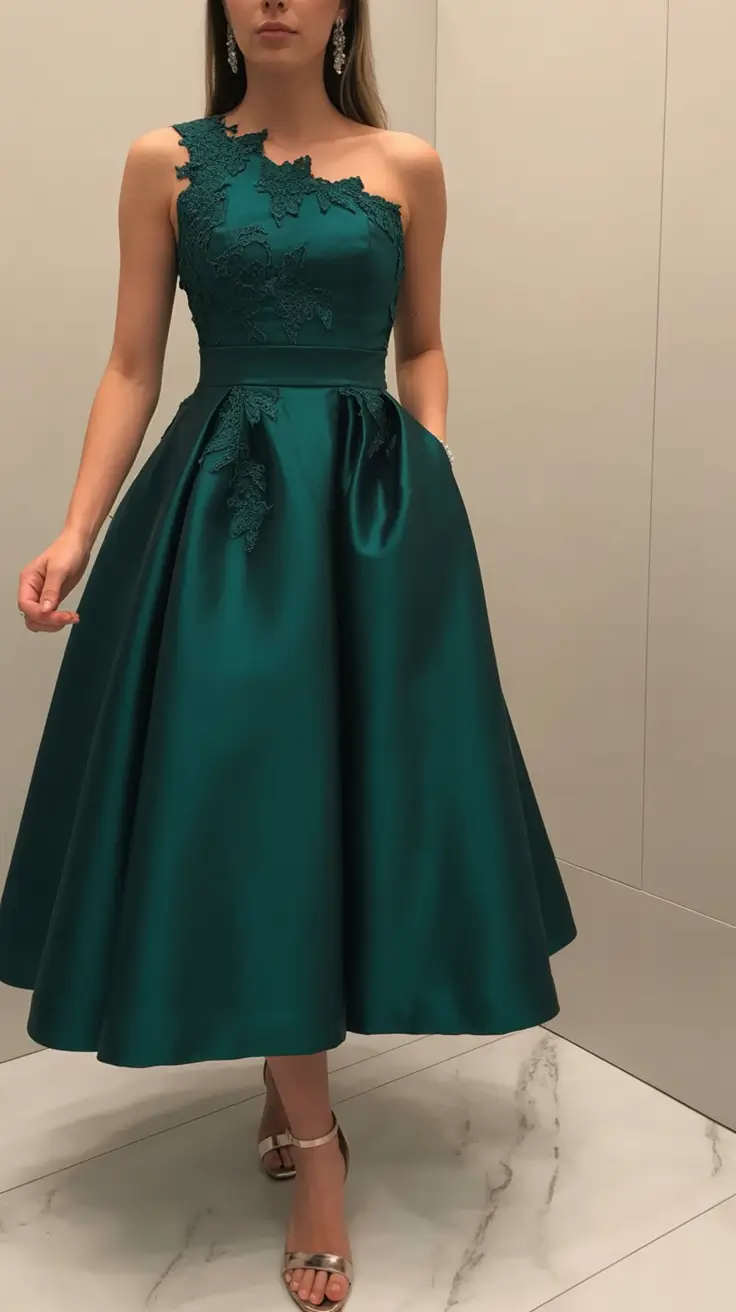 fall wedding guest dress ideas 2025 Emerald One-Shoulder with Sculpted Grace