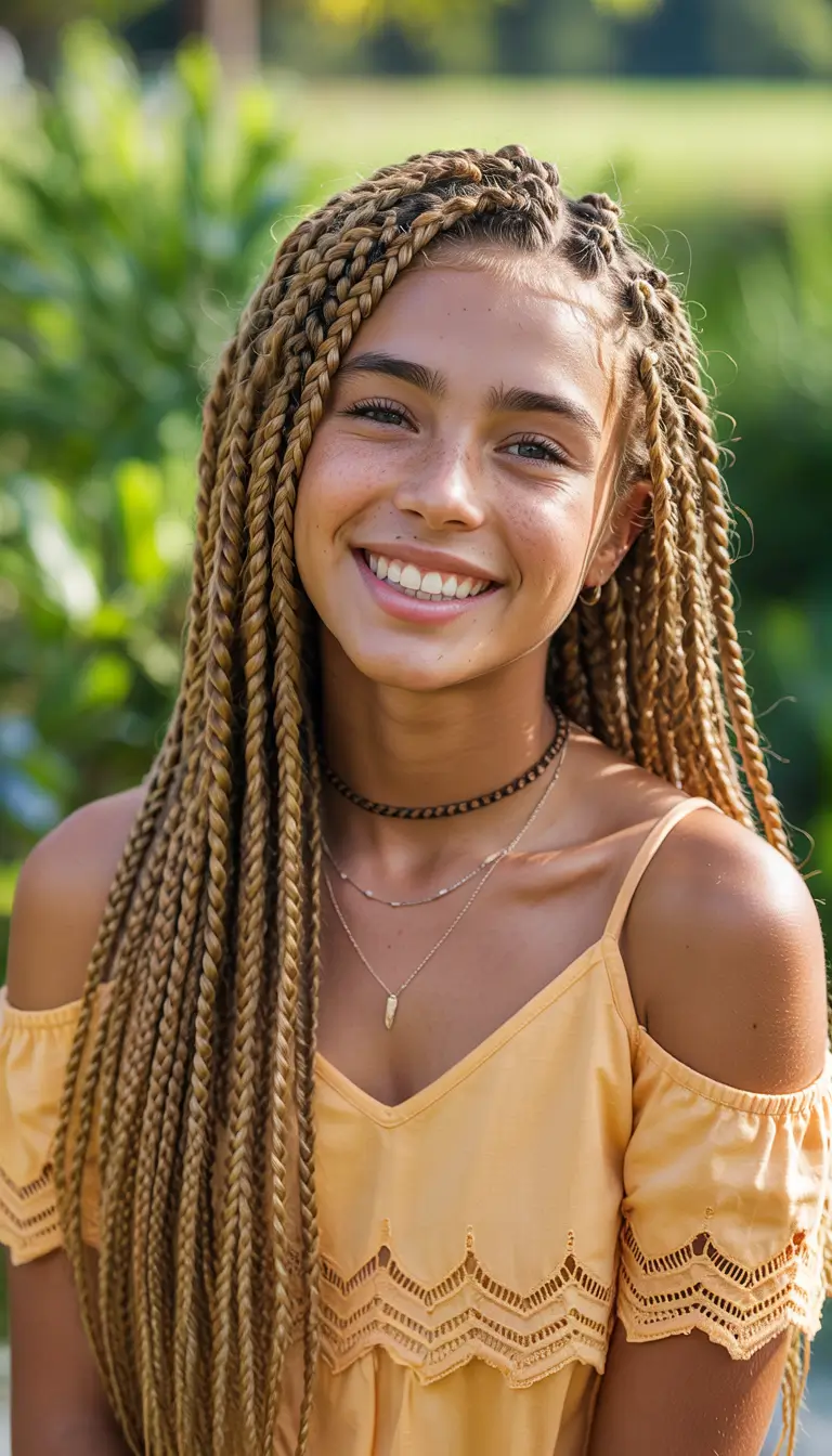 labor day hairstyles+Sunlit Box Braids with Golden Undertones