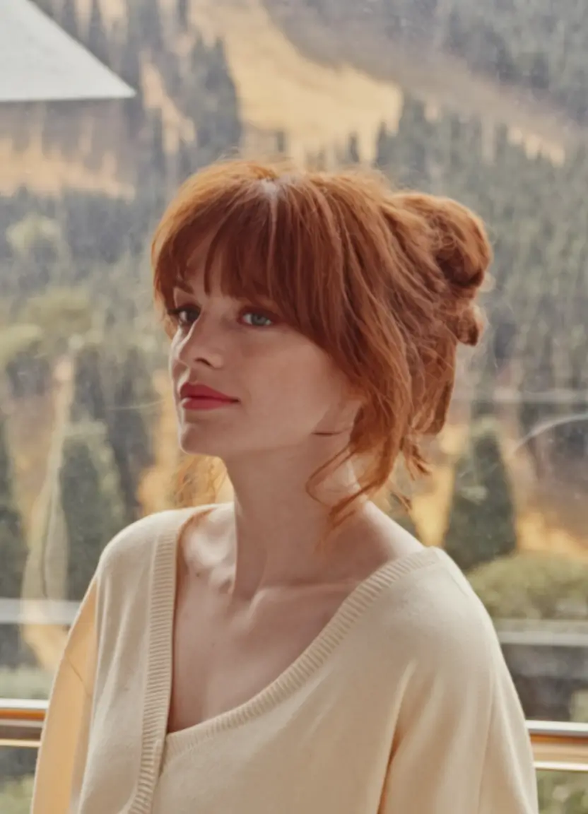 labor day hairstyles+Textured Ginger Bun with Curtain Bangs