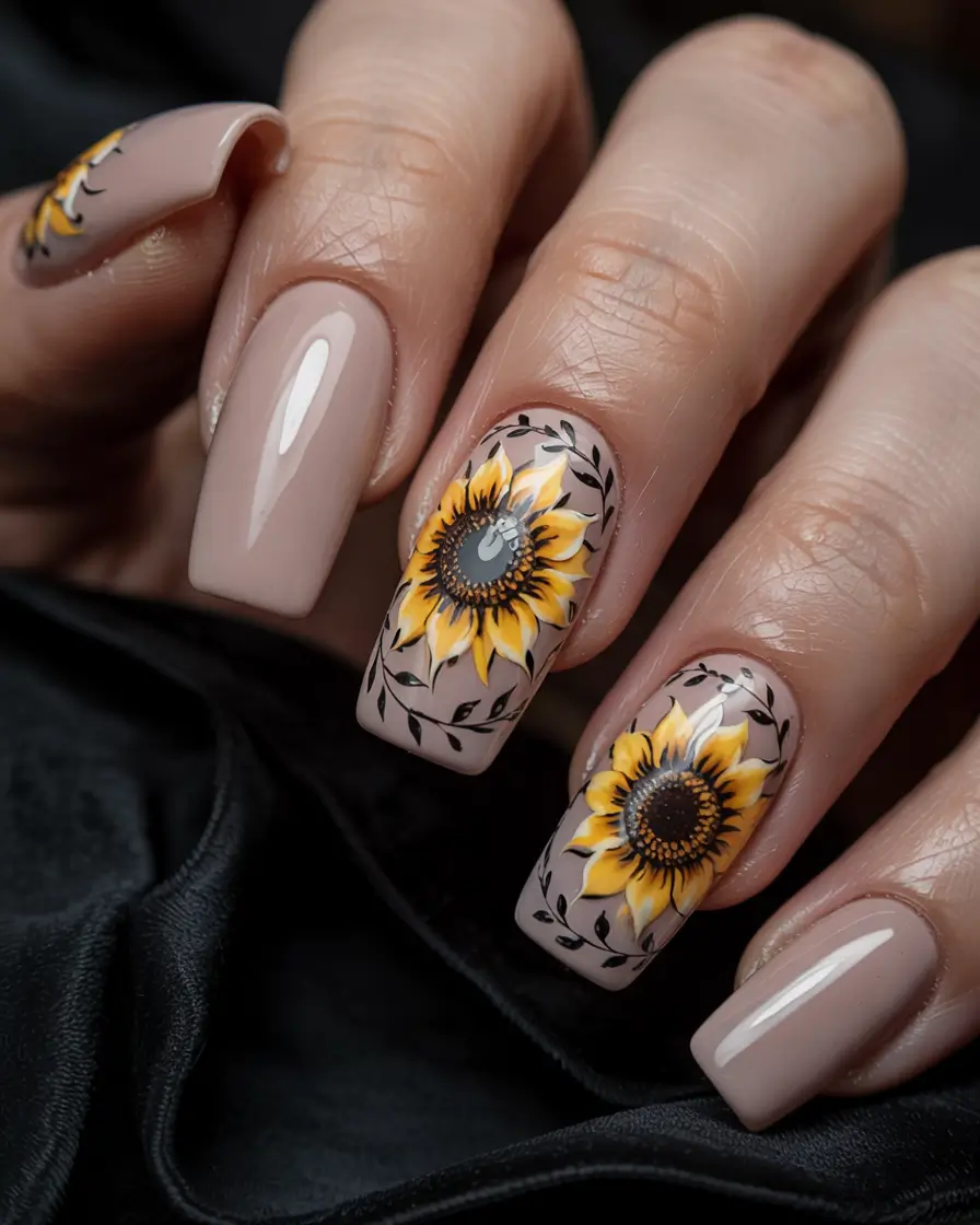 labor day nails Warm Neutrals and Botanical Sunflowers