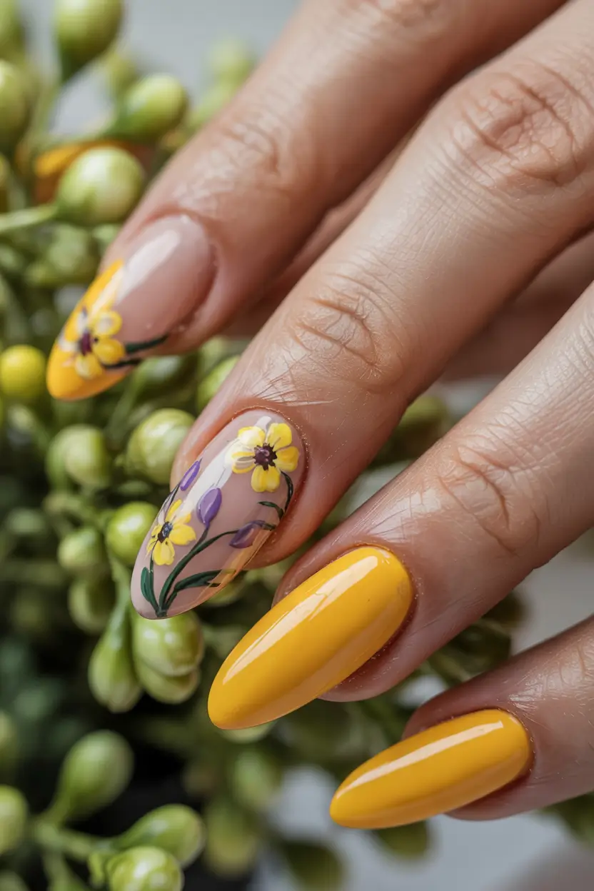 labor day nails Daffodil Yellow with Garden Detail