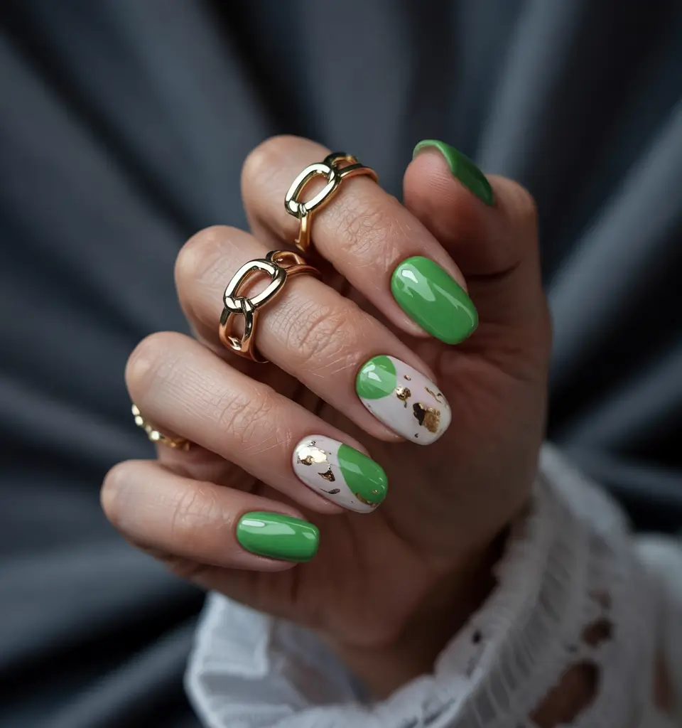 labor day nails Modern Green with Foil Flicks