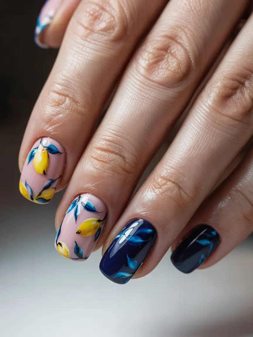 labor day nails Lemon Garden on Midnight and Blush