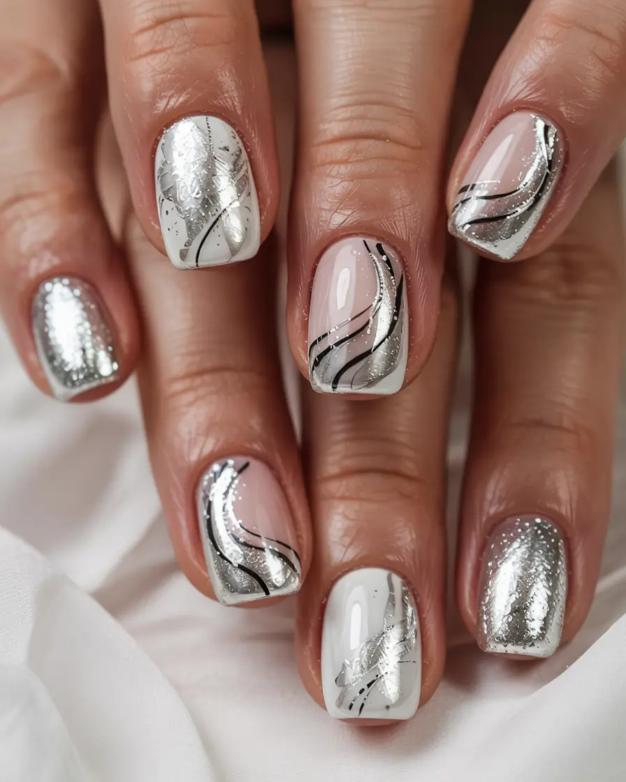 labor day nails Glittered Silver Swirl Fantasy
