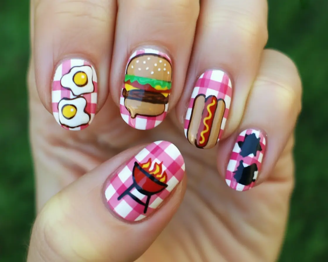 labor day nails BBQ Icons on Pink Gingham