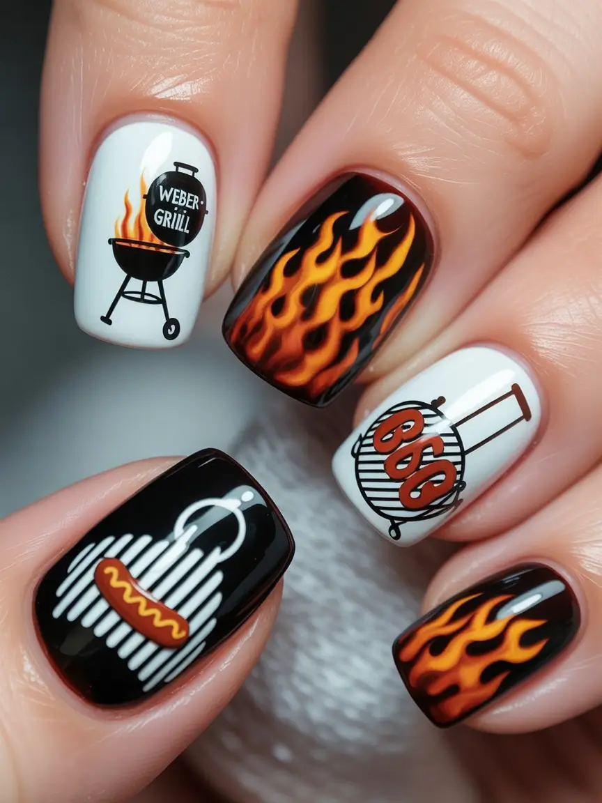 labor day nails Hot Grill Season in Black & Flame