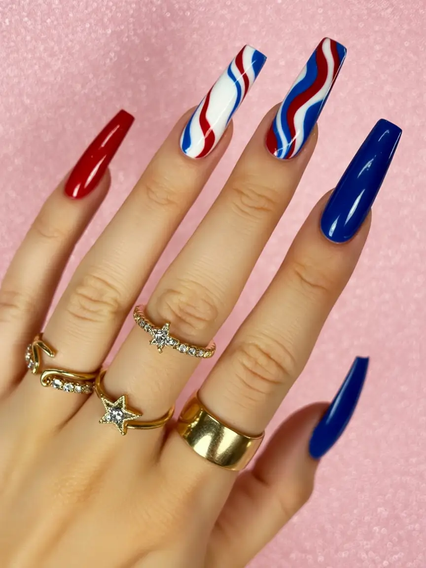 labor day nails Retro Ribbon Swirls in Red, White & Blue