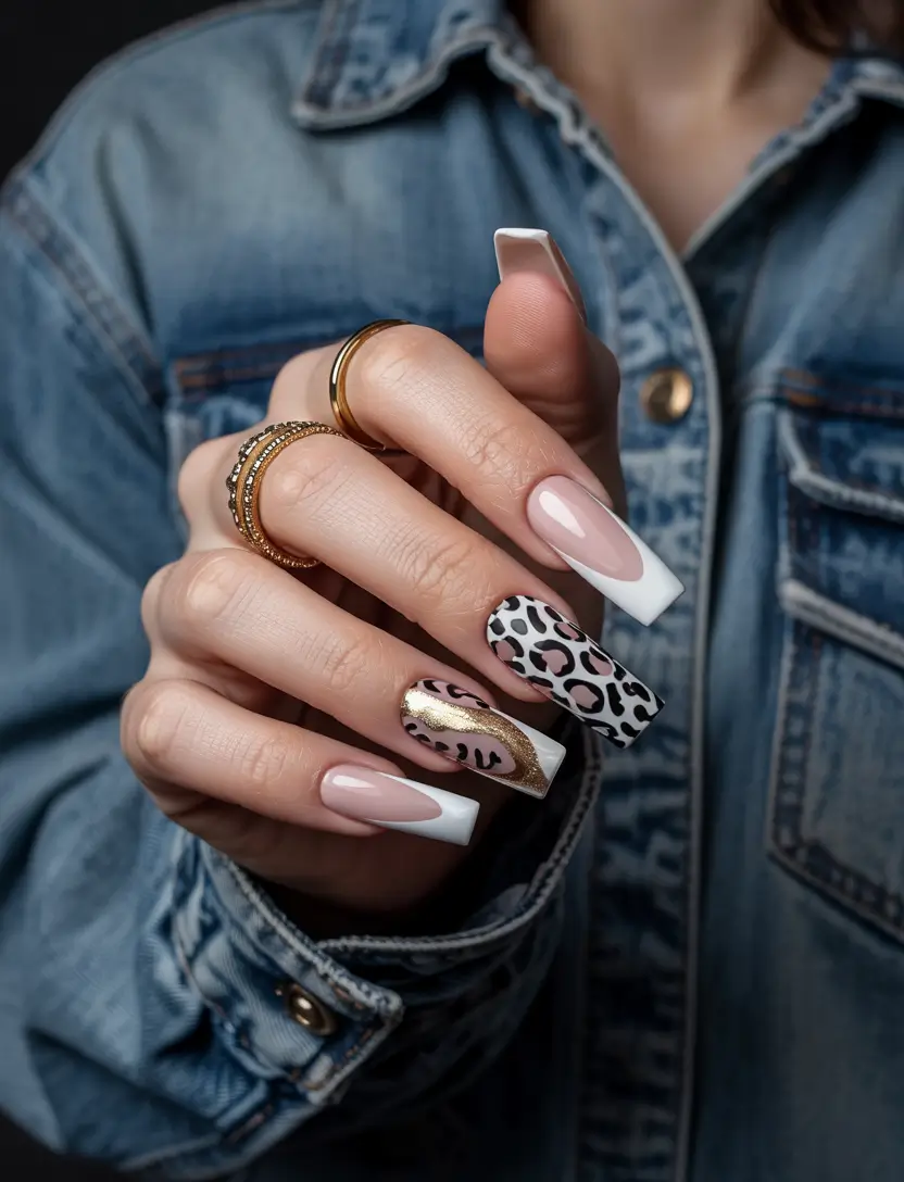 labor day nails Metallic Cheetah Meets French Classic