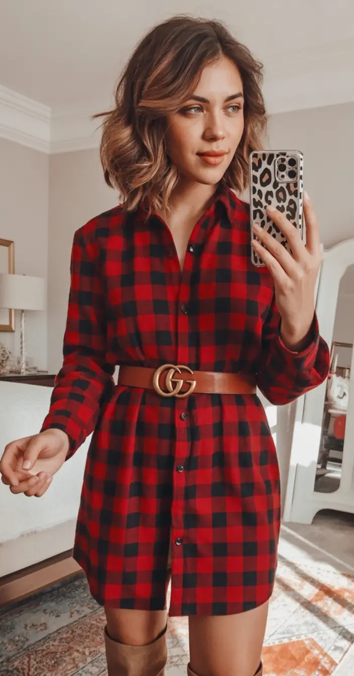 labor day outfits Buffalo Plaid Shirt Dress with Belted Confidence