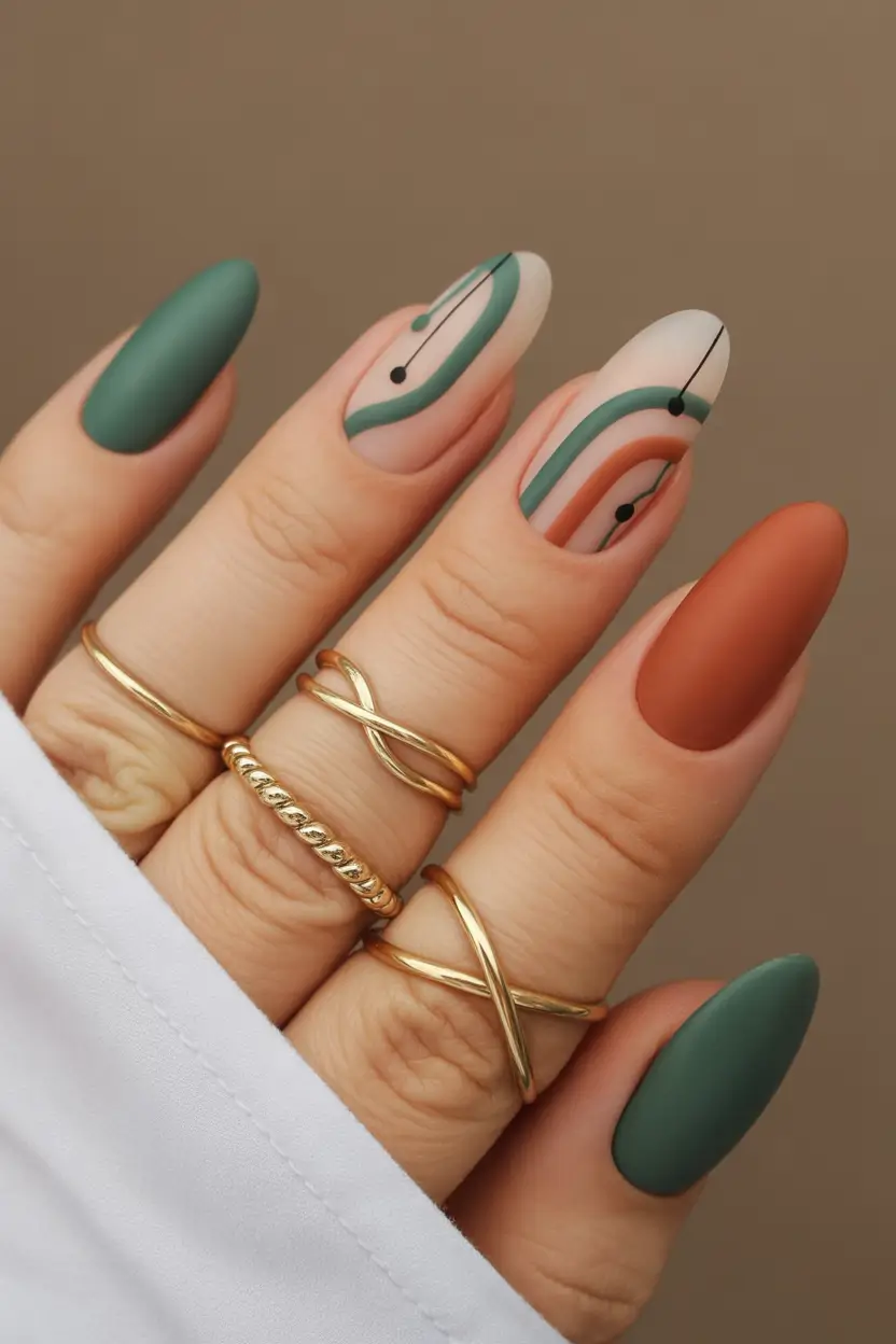 August nails color Retro Lines in Moss and Terracotta