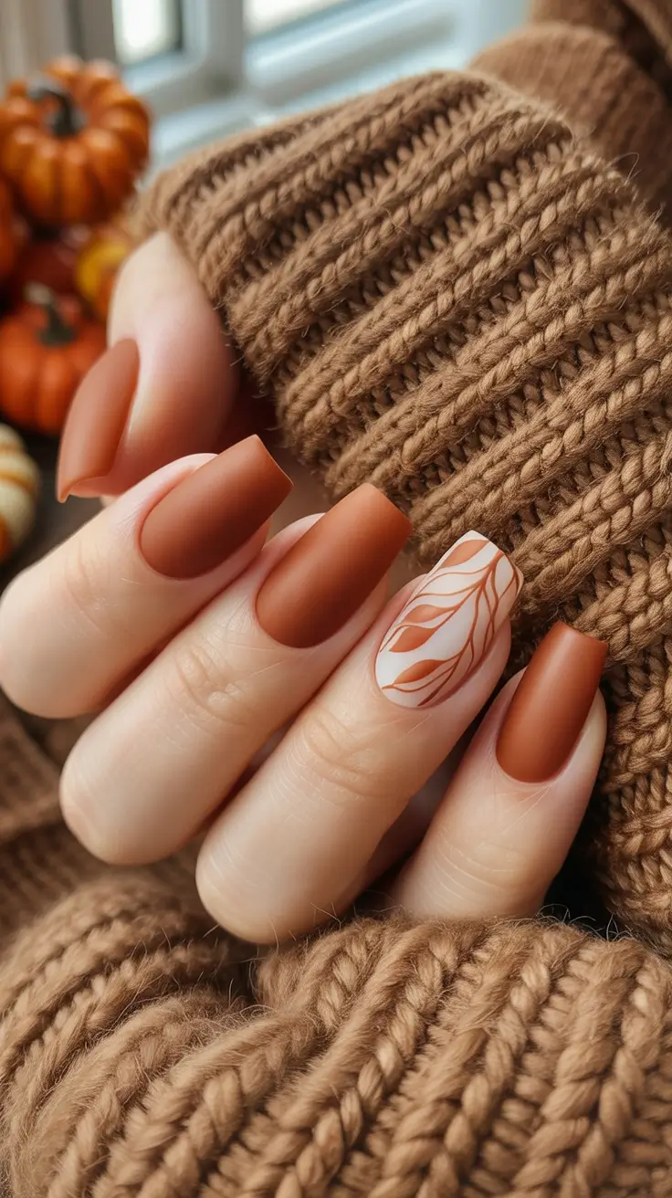 August nails color Spiced Cinnamon with Botanical Line Art