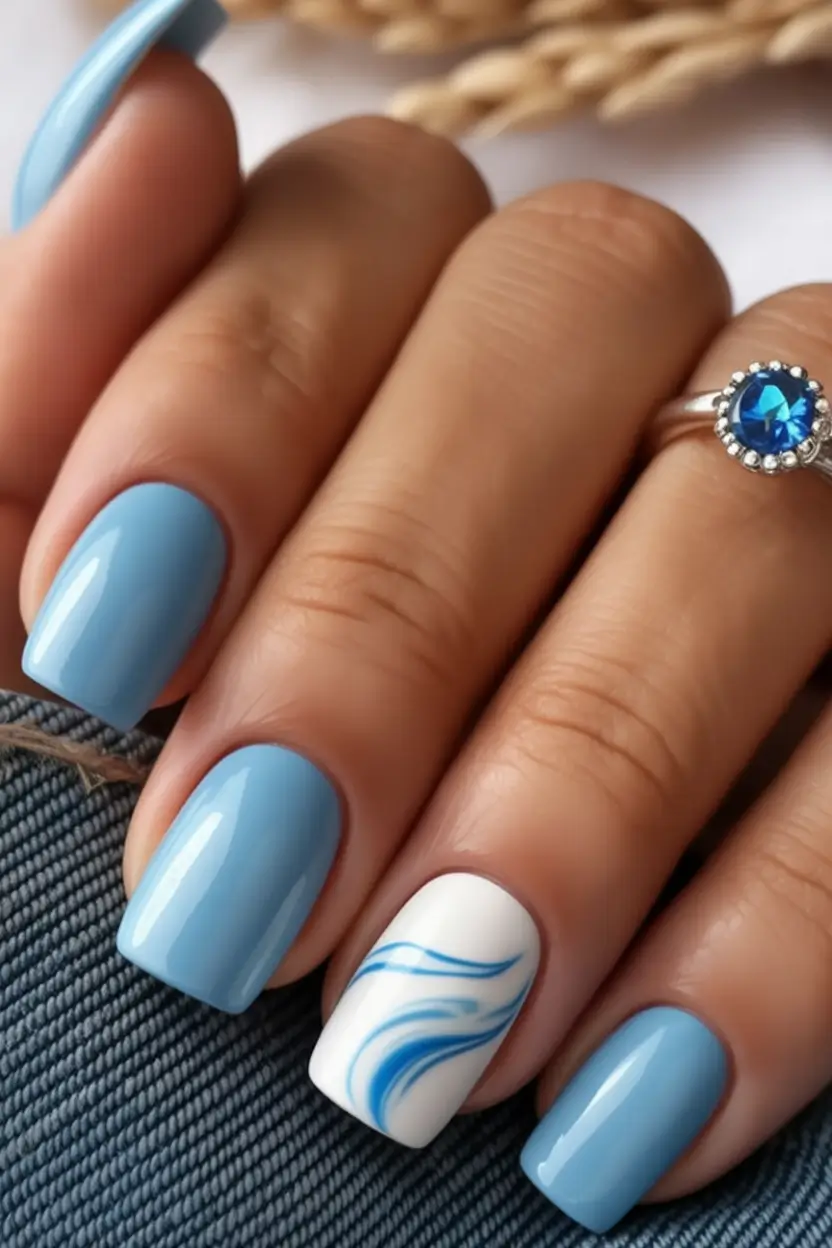 August nails color Ocean Mist Blues with Watercolor Accent