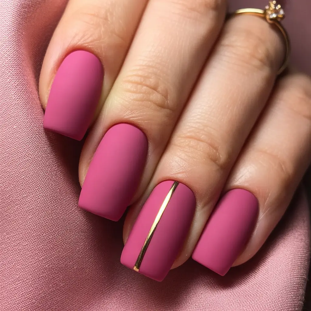 August nails color Matte Fuchsia with Minimal Gold Detail