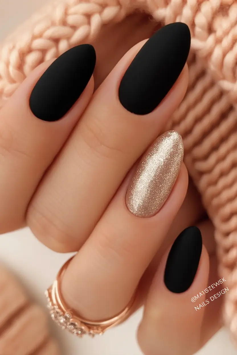 August nails color Matte Black & Champagne Sparkle