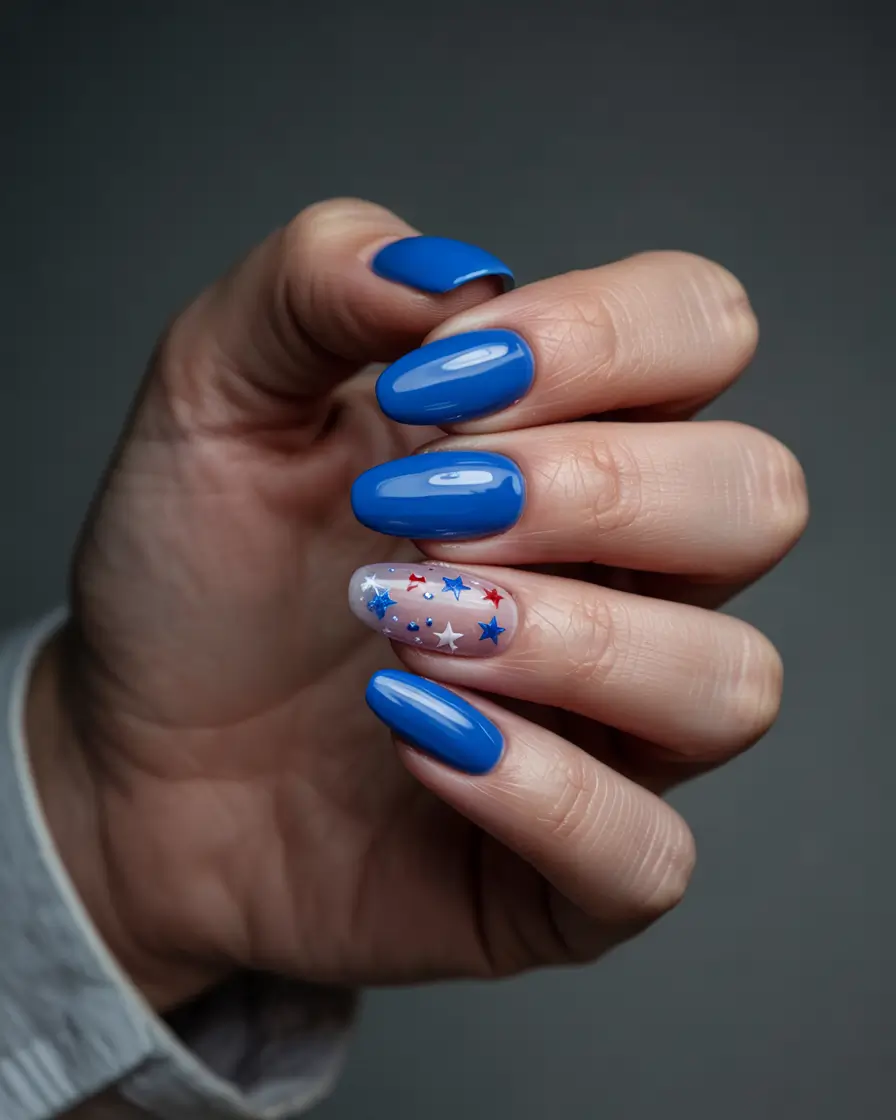 August nails color Starry Blue with 4th of July Leftovers
