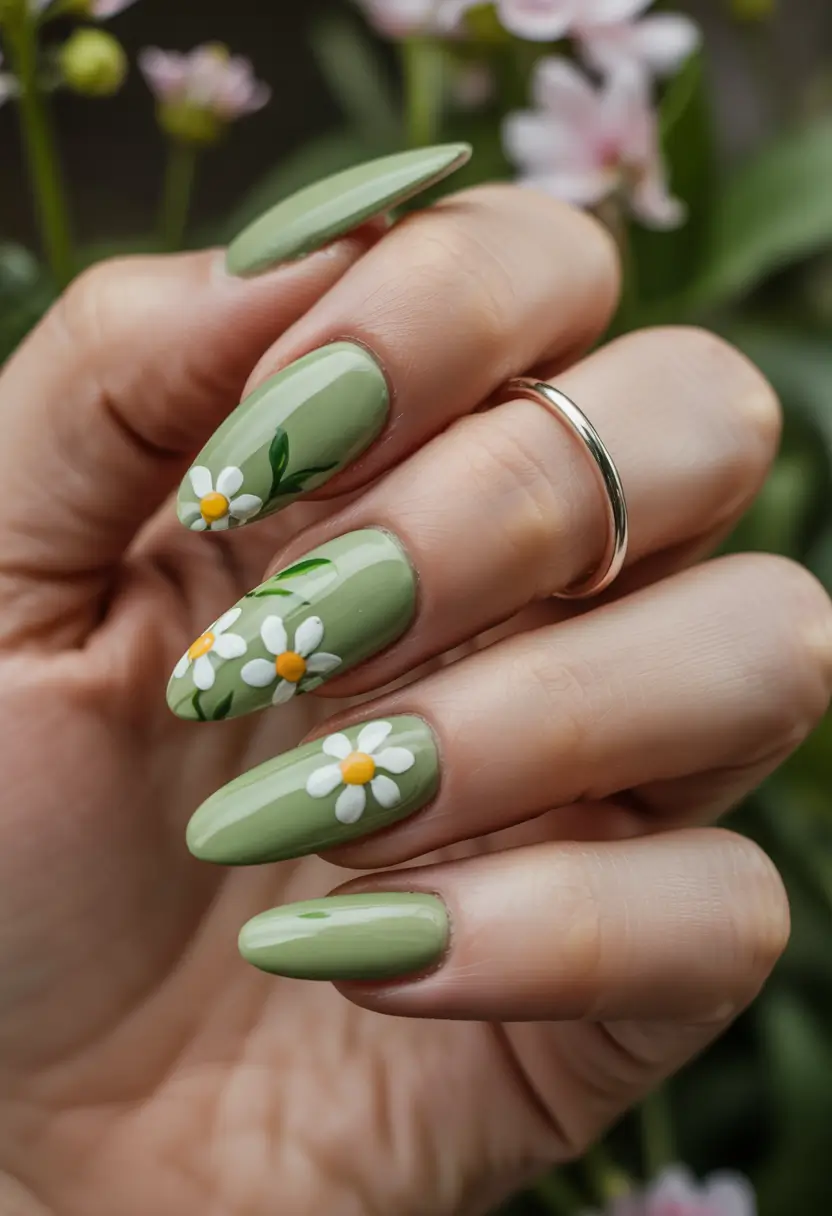 August nails color Green with Daisies for Botanical Bliss