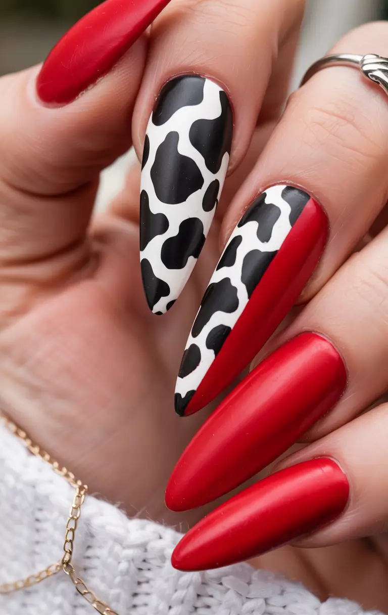 August nails color Cow Print and Scarlet Red Contrast