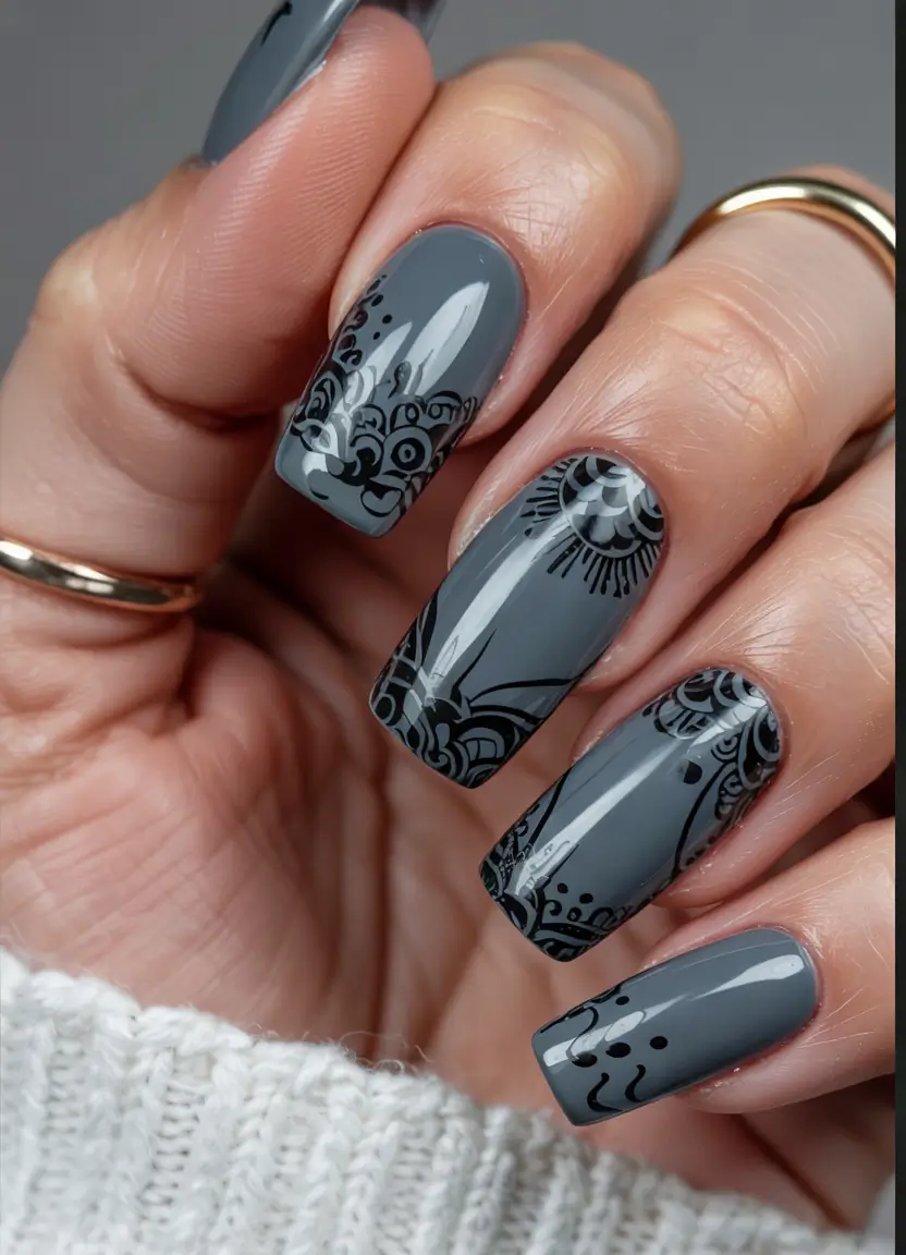August nails color Monochrome Mandala in Slate Grey