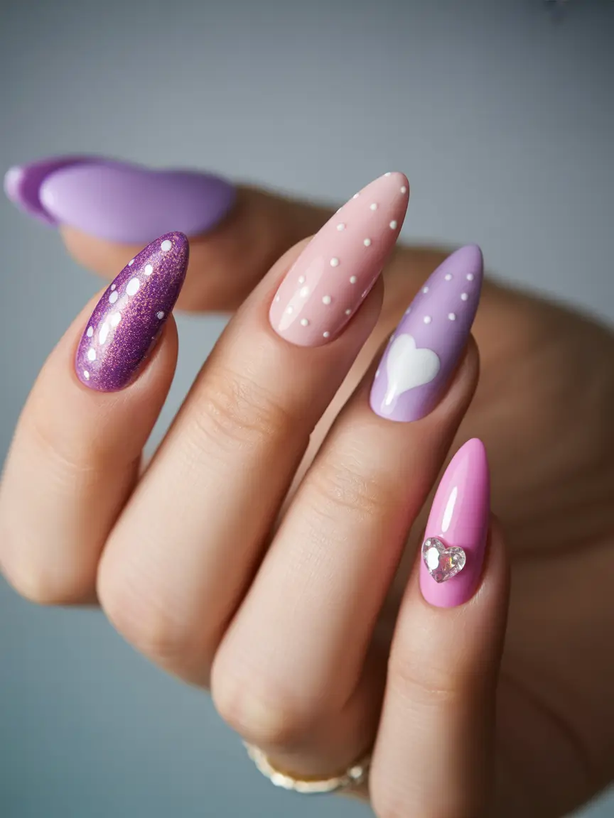 August nails color Pastel Purple Whimsy with Hearts & Glitter
